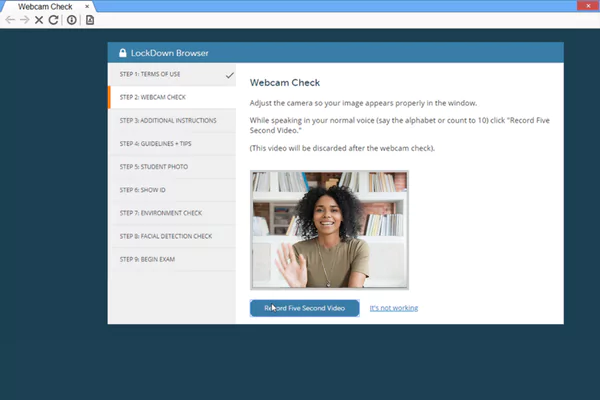 The image shows lockdown browser respondus detecting face image through webcam