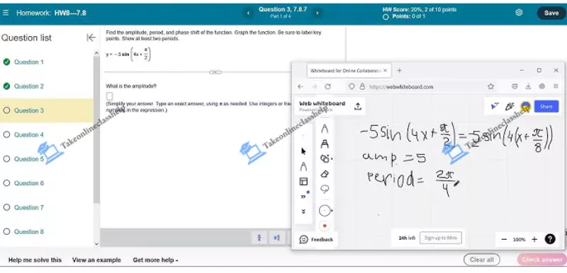 Side-by-side view of a math problem and whiteboard, showing MyMathLab Hacks in use