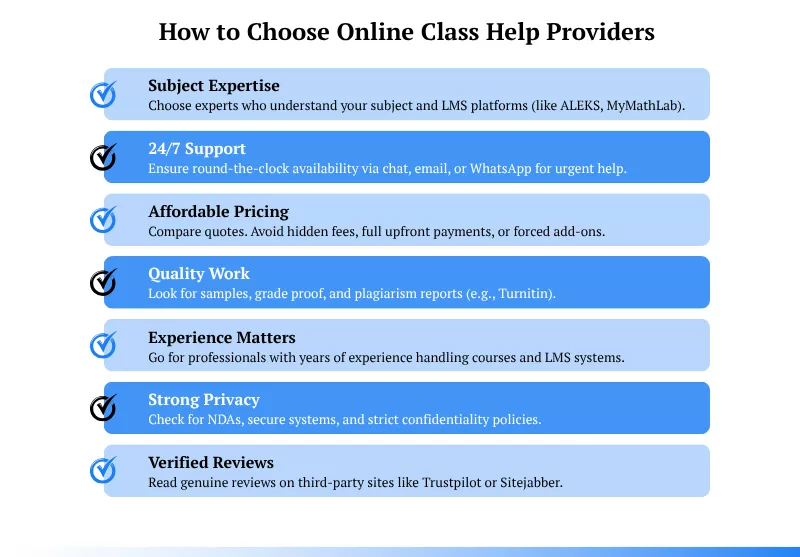 Checklist infographic: How to Choose Online Class Help Providers with seven key criteria<br />
