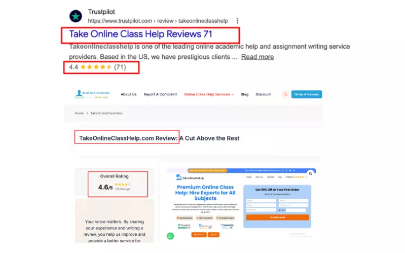 An image of online reviews for an online class help service