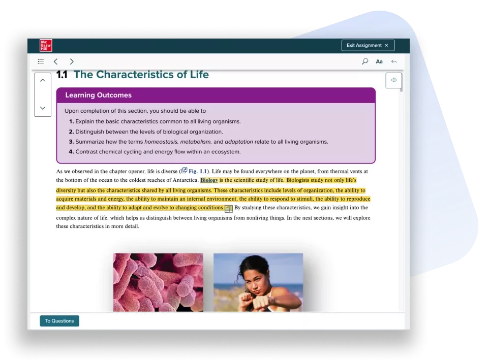 a snapshot of McGraw Hill's smartbook chapter interface